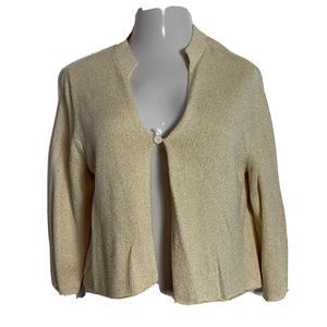 Eileen Fisher Sweater Top Silk Knit V-Neck 3/4 Sleeve 1 Button Cardigan Size L